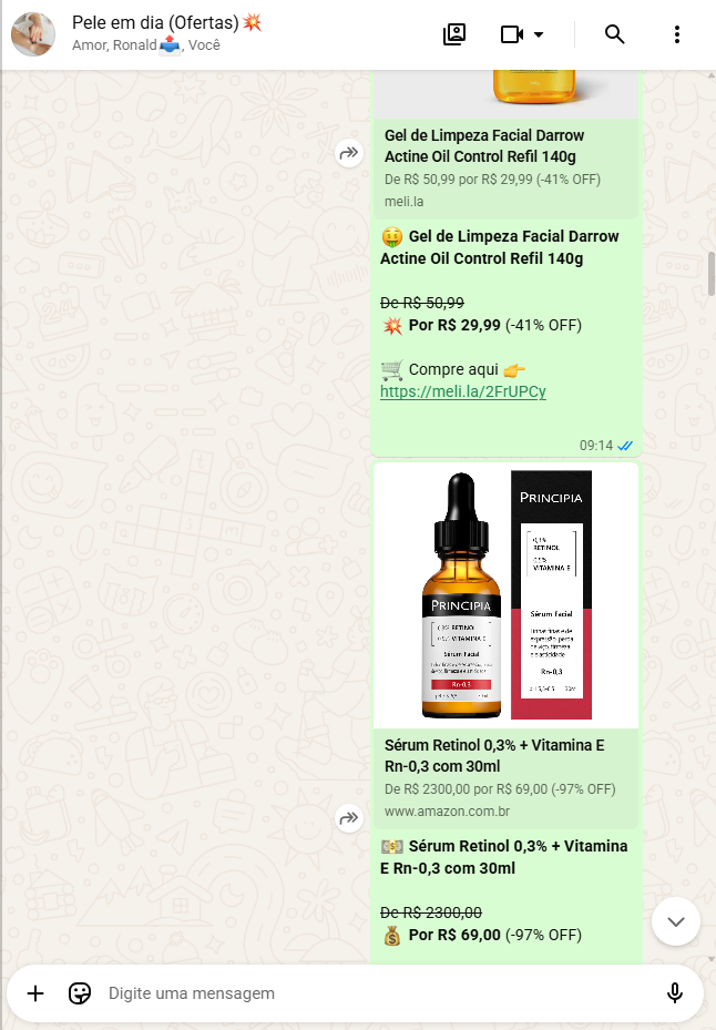 Alertas reais de ofertas Darrow e Principia publicados no grupo Pele em Dia