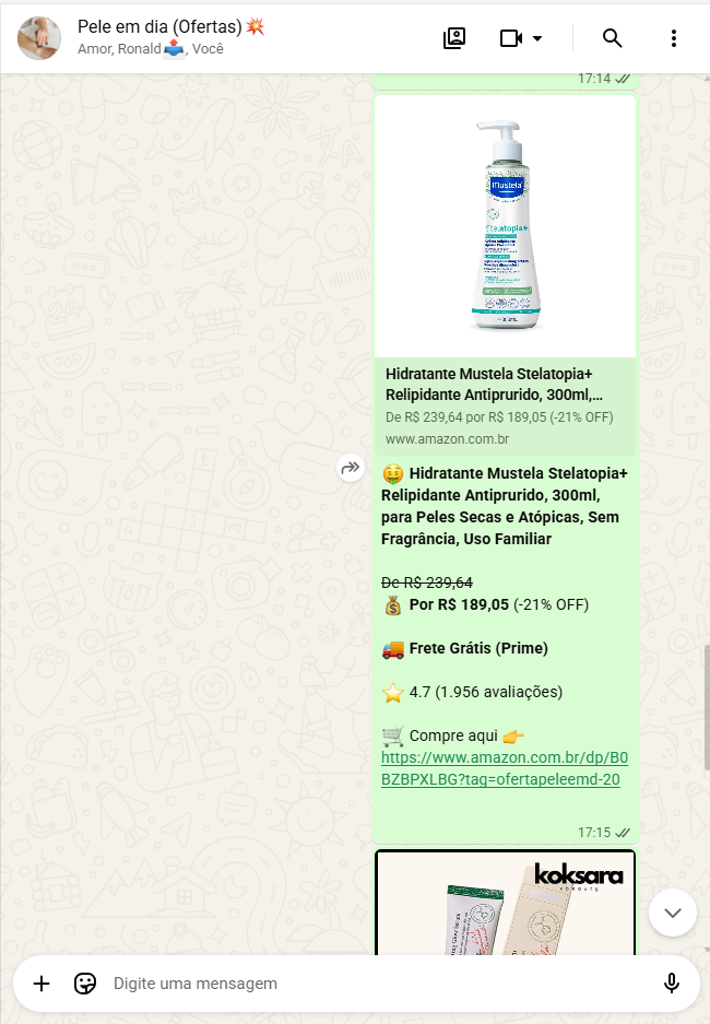Alerta real de oferta do hidratante Mustela publicado no grupo Pele em Dia